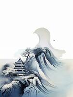 there is a painting of a pagoda on a mountain with a wave. generative ai. photo