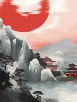 there is a painting of a red pagoda on a mountain. generative ai. photo