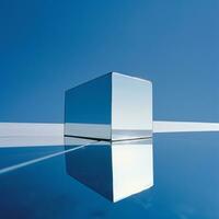 mirrored cube on a reflective surface with a blue sky in the background. generative ai. photo