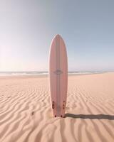 arafa tabla de surf en el arena en un playa con un claro azul cielo. generativo ai. foto