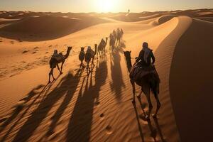 Arabs with Camels Tour in the Sahara Desert with Guided Berber Dubai Tour in Morning. Sunrise. Generative Ai. photo