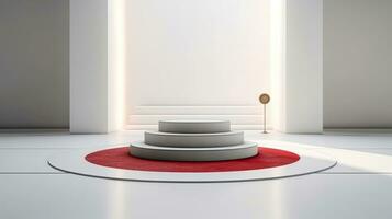 Luxury Round podiums with red carpet. Pedestals with spotlights. Generative Ai photo