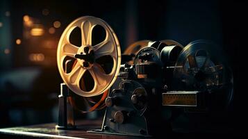 A movie projector and film reels on a dark background. Cinema concept. Generative Ai photo