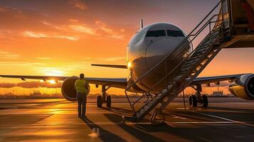 A Worker Refueling Airplane While Standing On Step Ladder. Generative Ai photo