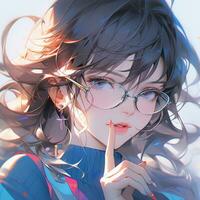 anime girl with glasses and a blue shirt holding her finger to her lips. generative ai. photo