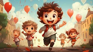 cartoon illustration of a group of children running down a street. generative ai. photo