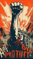 shepardic poster of a woman raising her fist in front of a city. generative ai. photo