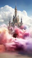 there is a castle with a tower surrounded by pink smoke. generative ai. photo