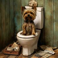 there is a small dog sitting on a toilet seat in a bathroom. generative ai. photo