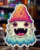 there is a sticker of a cute little monster with a hat on. generative ai. photo