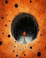 there is a man standing in a hole with a lot of holes. generative ai. photo