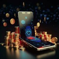 golden coins returning back from dark modern smartphone on light background,3D rendering,copy space.generative ai photo