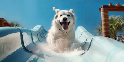 The happy dog riding on the slide in the aqua park,generative AI. photo