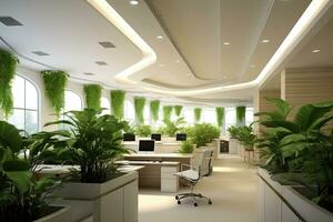 Modern office , interior with plant. 3D,Generative AI. photo