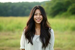 Asian woman in 30s smiling, long hair, country site background ,Generative AI photo