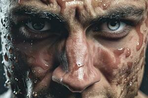 Close up professional athlete with  focus in his eyes and sweat pouring down.Generative AI. photo