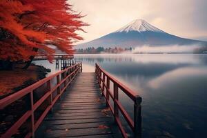 Mountain Fuji with morning fog and red leaves at lake Kawaguchiko is one of the best places in Japan ,Generative AI photo