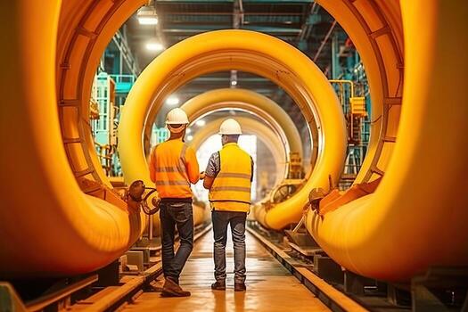 Two Heavy Industry Engineers Walking Through Pipe Manufacturing Facility , Generative AI . photo