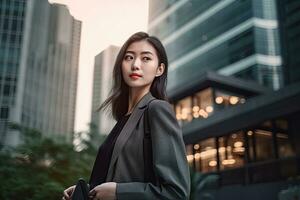 Asia joven negocios mujer con cuaderno ,alto edificio antecedentes ,generativo ai . foto