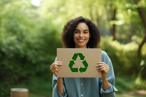 Happy woman holding paper with green recycling sign over natural background ,Generative AI photo