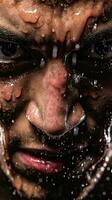 Close up professional athlete with  focus in his eyes and sweat pouring down.Generative AI. photo