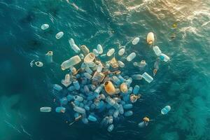 Garbage from plastic bottles in the sea , top view  ,Generative AI photo