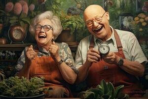 Happy senior couple retired , gardening , rewarding watch plants grow, Generative AI photo