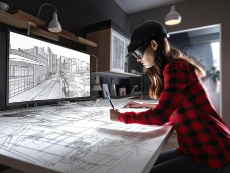 Professional female architect using VR AR  technology  Reality work with blueprint .created with Generative AI photo