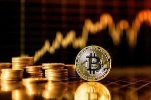 Bitcoin is a gold coin and a defocused graphics background. Generative AI . photo
