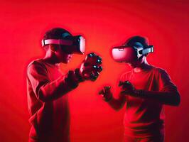 Two kid wearing a virtual reality headset. VR goggles to showcase in action. generative AI photo