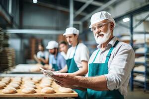 Senior factory worker doing production quality inspection in food industry holding clipboard standing by conveyor belt , Generative AI . photo