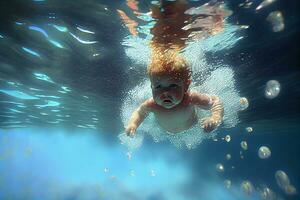 allí es un bebé nadando debajo agua en un piscina. generativo ai. foto