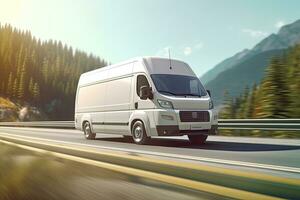 Cargo van moving fast on the road to city suburb. Busines logistics express service. Generative AI . photo