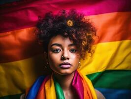 hermosa lesbiana modelo y un arco iris bandera a gay orgullo, lgbtq colores bandera. amar, libertad, apoyo ,bandera fuerte orgullo mes, creado con generativo ai foto