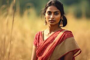 Indian woman in 30s , country site background ,Generative AI photo