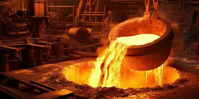 Close up cast iron process, liquid molten metal pouring in ladle, industrial metallurgical foundry factory, heavy industry. Generative AI. photo