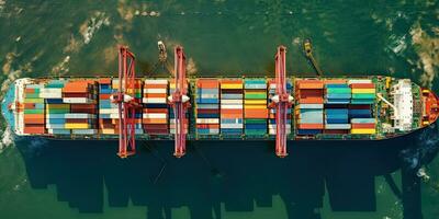 Top view. Container ship in the pier with crane bridge carries and physical system icons out export and import business in the open sea. Logistics and transportation , Generative AI . photo