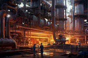 Chemical industry plant - workers in work clothes in a refinery with pipes and machinery ,  Generative AI . photo