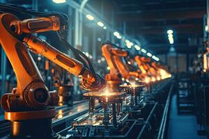 Robotic arms in a car plant at line  factory , Generative AI . photo