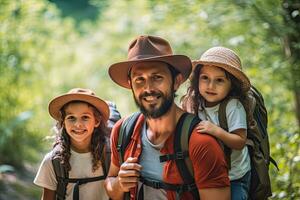 activo familia excursionismo y trekking en un naturaleza sendero , generativo ai foto