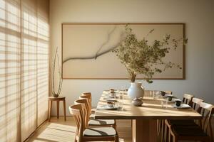 there is a large painting hanging on the wall behind a dining room table. generative ai. photo