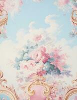allí es un pintura en el techo de un habitación con un rosado silla. generativo ai. foto