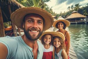 contento familia viaje y tomar un selfie en vacaciones ,generativo ai foto