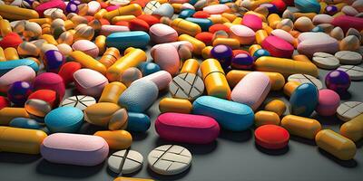 Collection of colorful pills , copy space ,Generative AI. photo