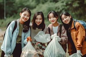 Team of young and diversity volunteer in cleaning up garbage and waste separation project ,Generative AI photo