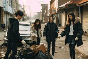 Group friends dropping the bottle Separating waste plastic bottles into recycling bins is to protect the environment   ,Generative AI photo