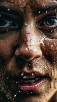 Close up professional woman  athlete with  focus in his eyes and sweat pouring down.Generative AI photo