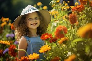 hermosa niña disfrutando en jardín flores a el verano Dom ,generativo ai foto