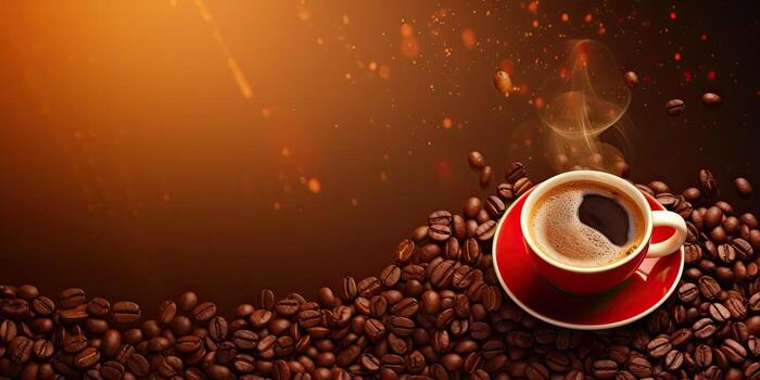 Cup of coffee latte tree shape and coffee beans on old wooden background ,Generative AI photo