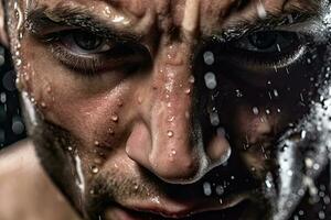 Close up professional woman  athlete with  focus in his eyes and sweat pouring down.Generative AI photo